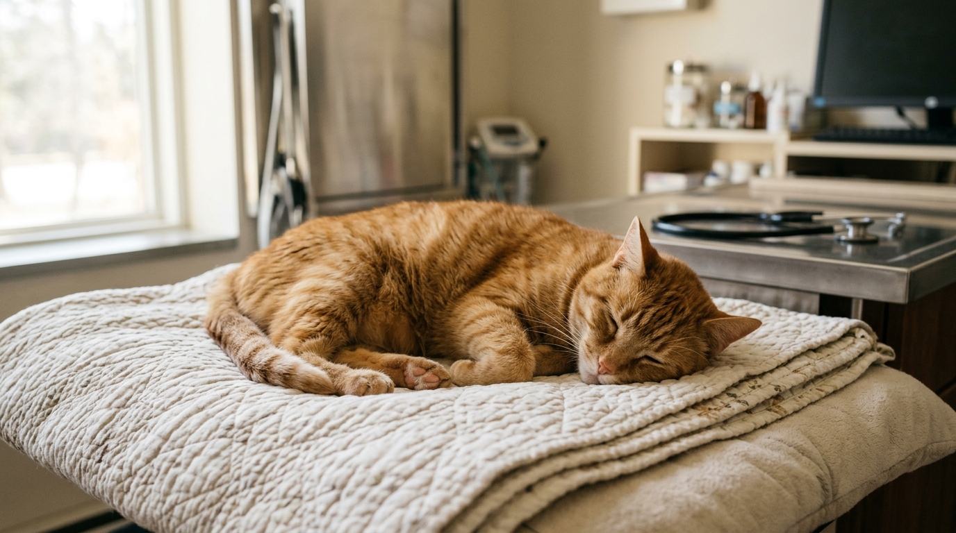 Vieux chat allongé dans un cabinet vétérinaire