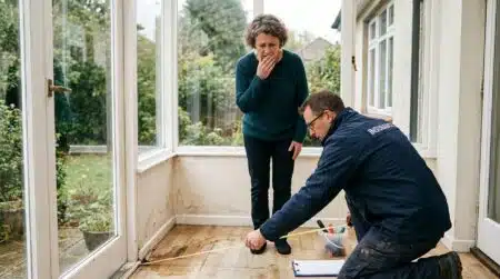 Femme inquiète face à un expert mesurant sa véranda