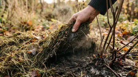 Main soulevant une couche de tonte compactée humide