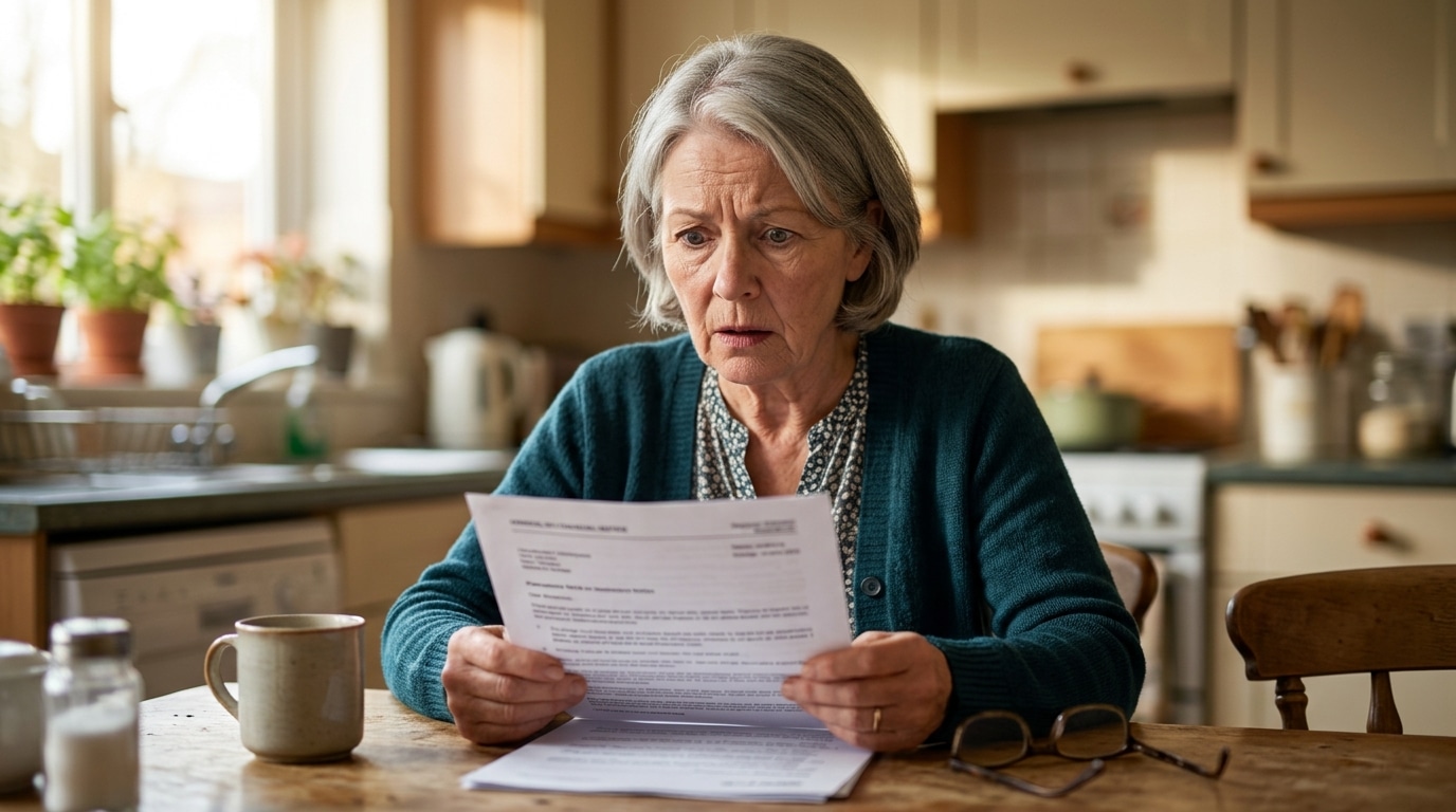 Femme âgée surprise en lisant un document