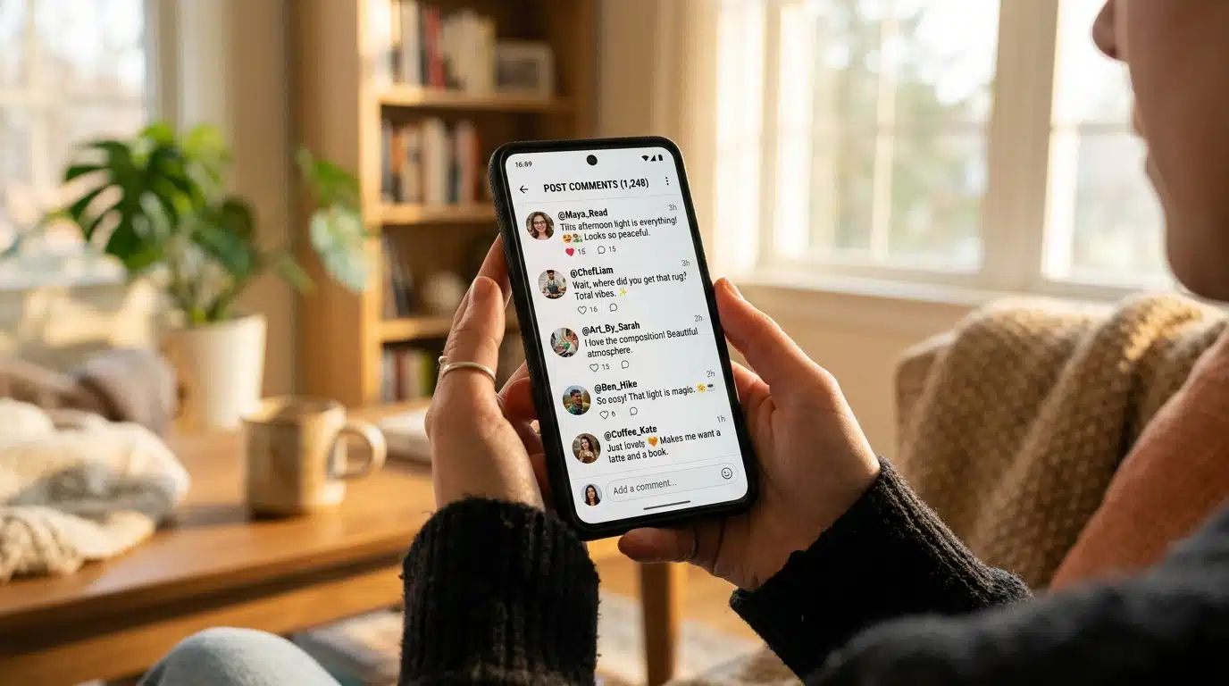 Écran de smartphone affichant des commentaires sur les réseaux sociaux