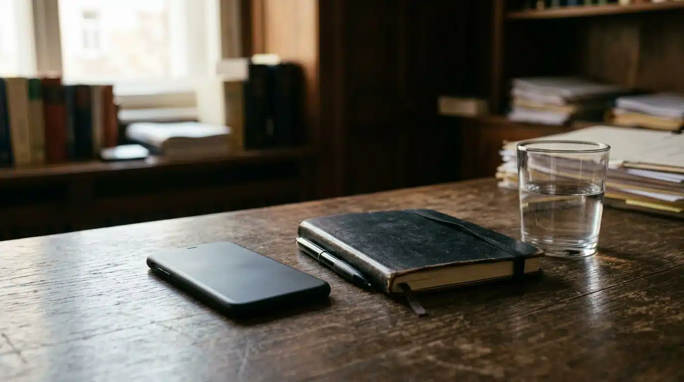 Smartphone posé retourné sur un bureau en bois