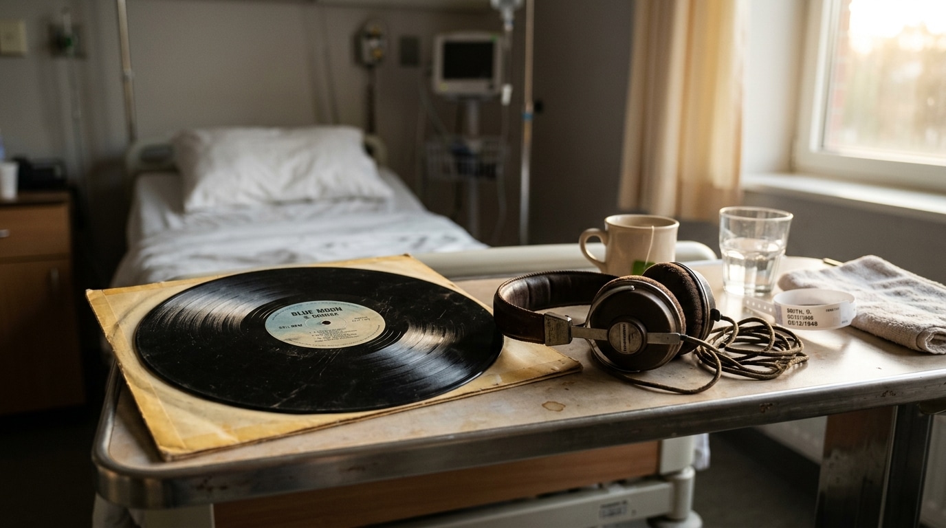 Vinyle et casque audio sur table de chevet