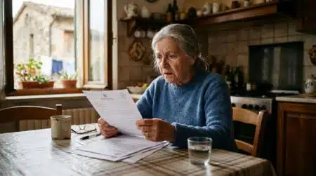Femme âgée inquiète tenant des documents administratifs