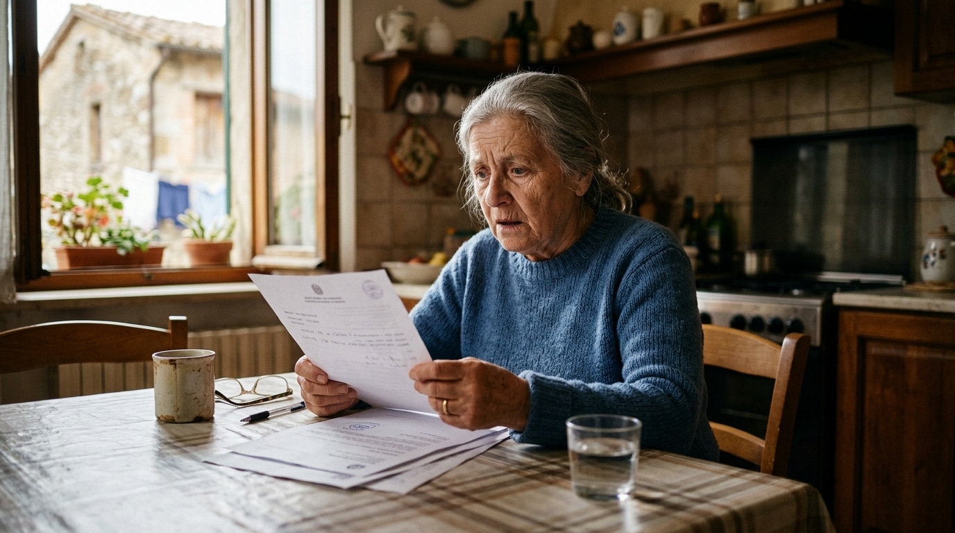 Femme âgée inquiète tenant des documents administratifs