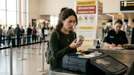 Voyageuse inquiète devant son bagage ouvert à l'aéroport