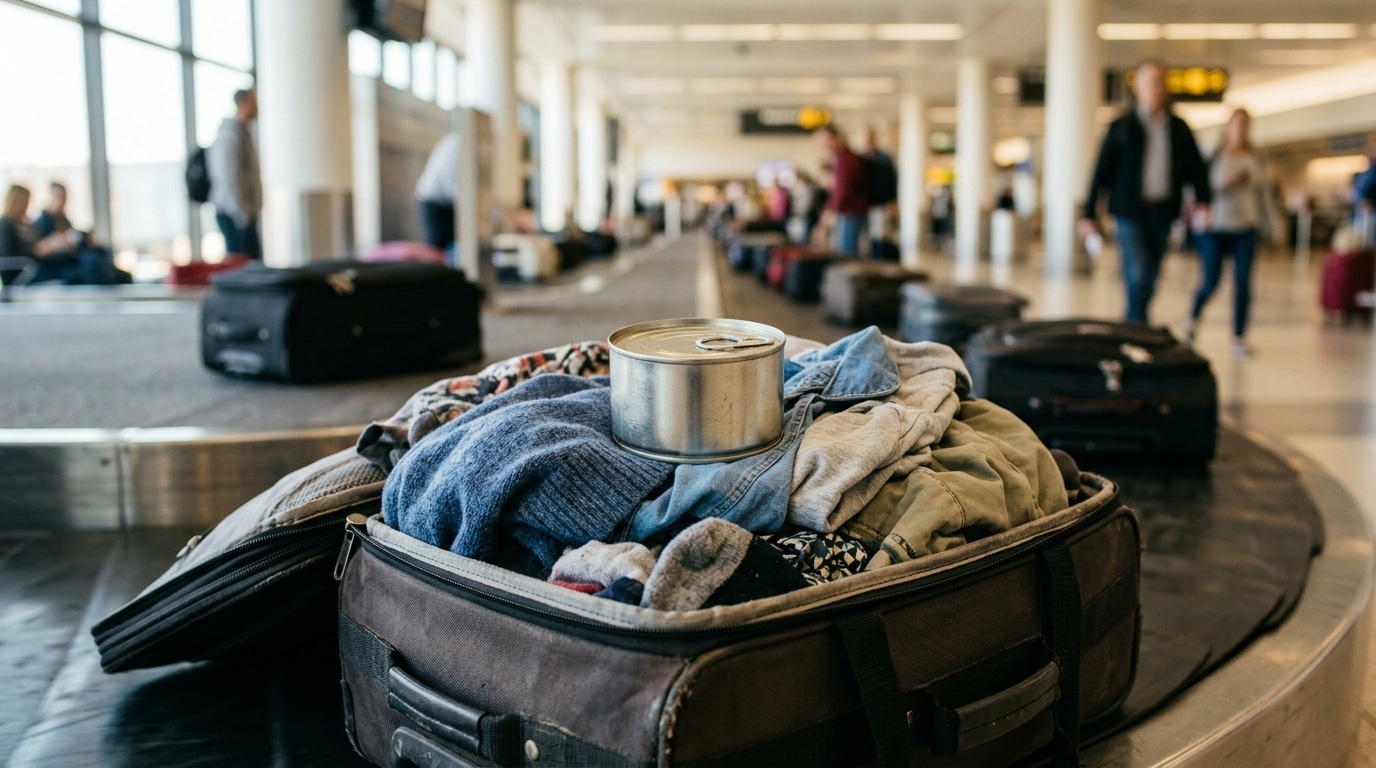Boîte de conserve posée sur une valise ouverte