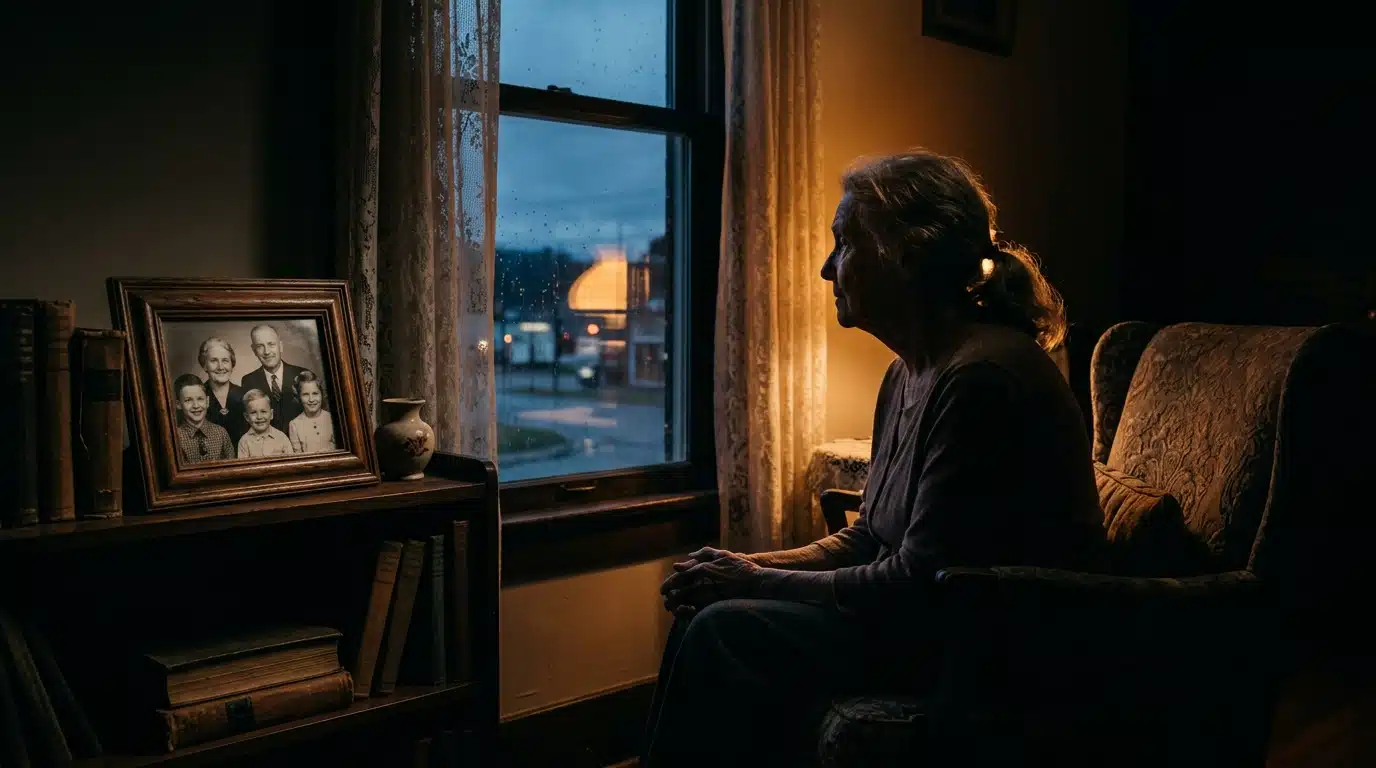 Silhouette d'une femme âgée pensive près d'une fenêtre