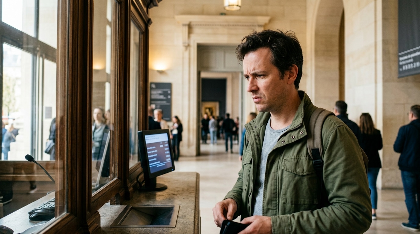Touriste perplexe devant un guichet de musée parisien