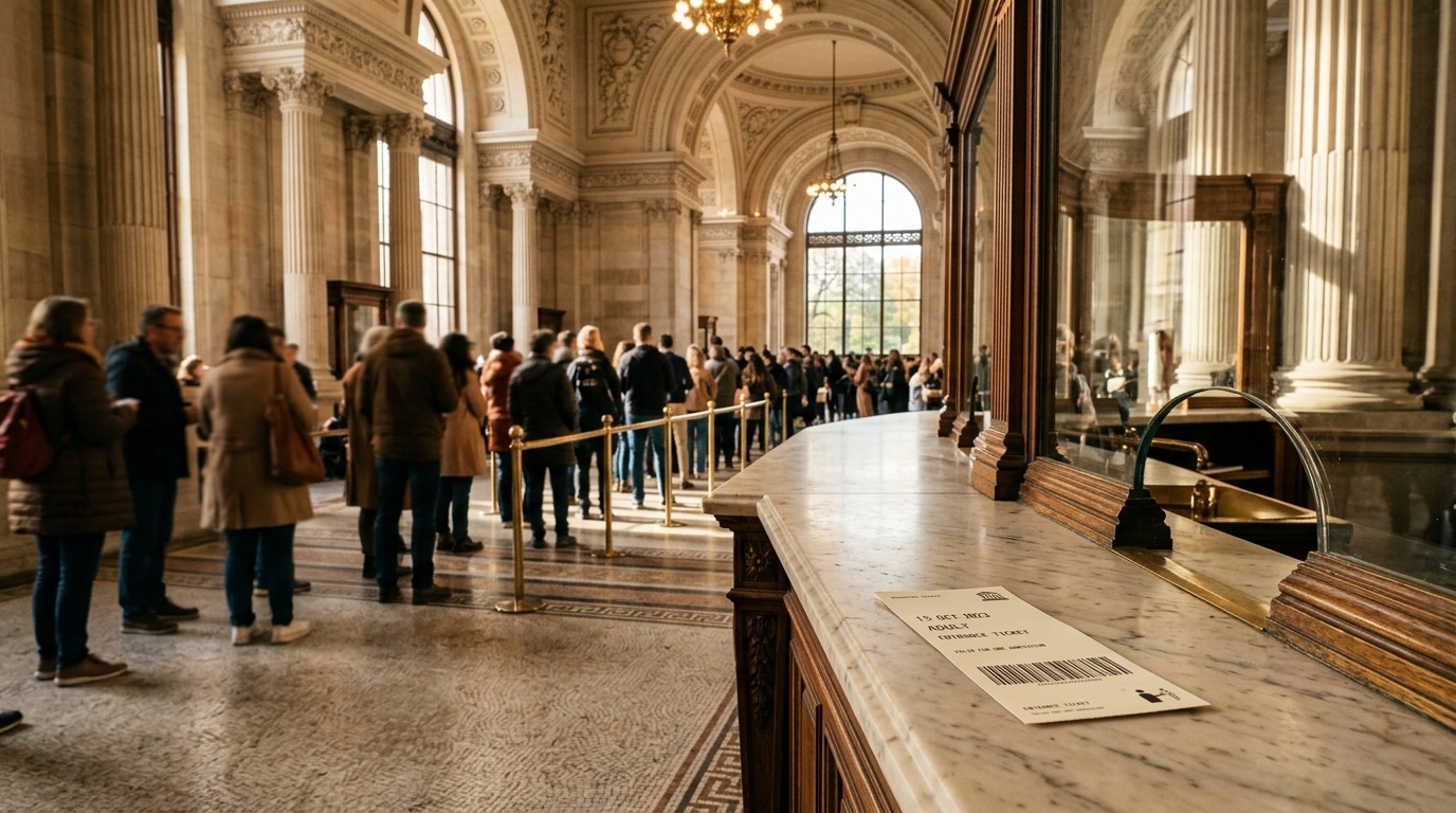 Billet imprimé avec code-barres sur comptoir de musée