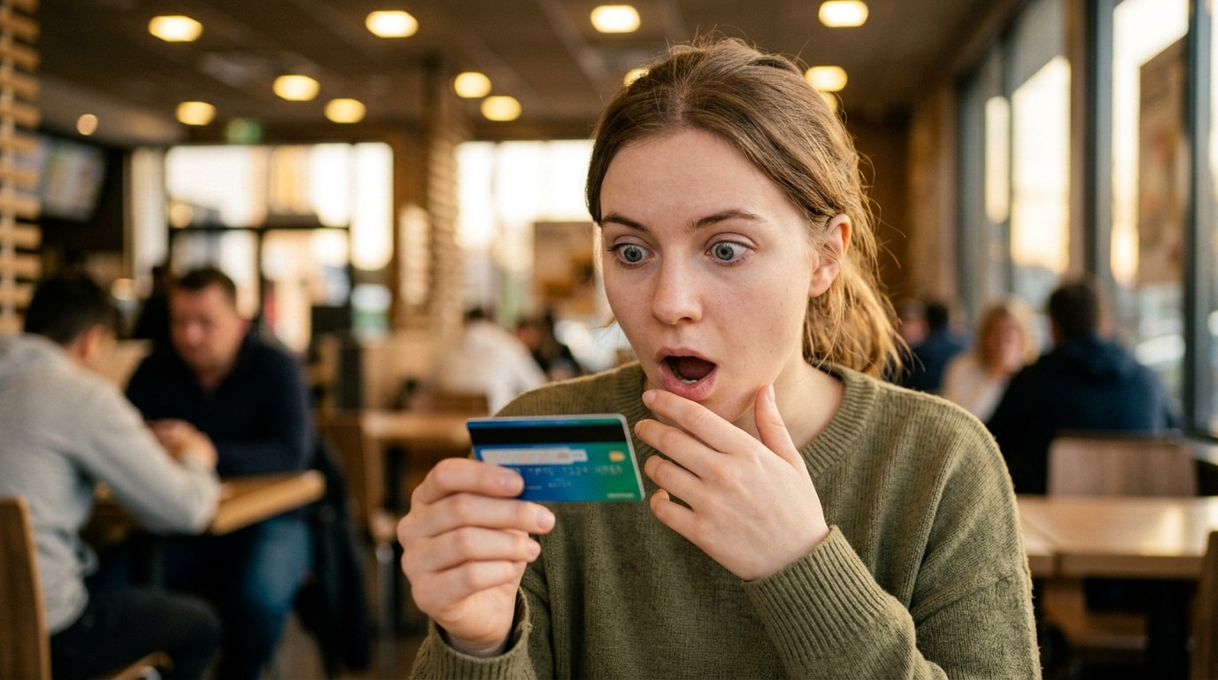 Jeune femme stupéfaite tenant une carte bancaire dans un fast-food
