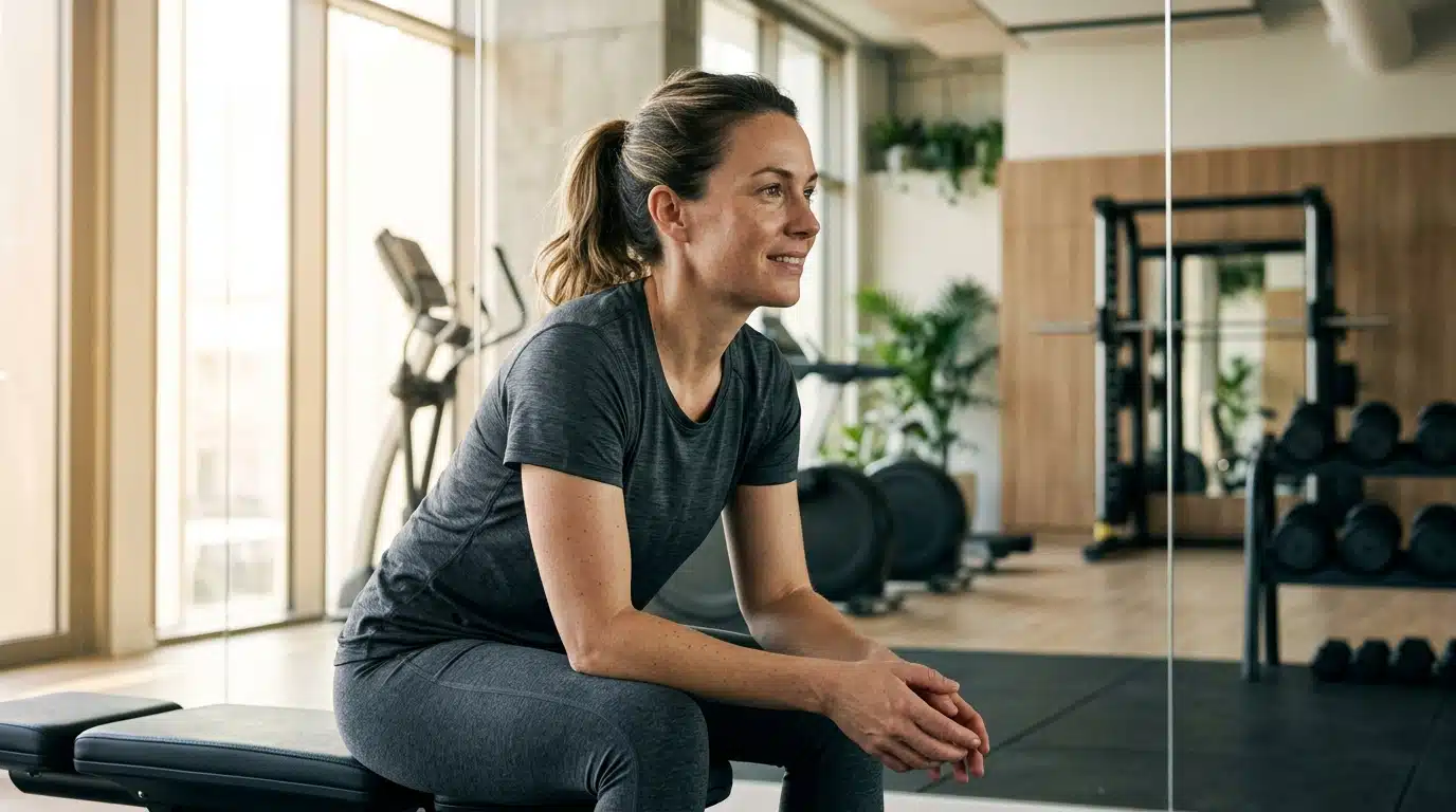 Femme souriante se regardant dans un miroir de salle de sport