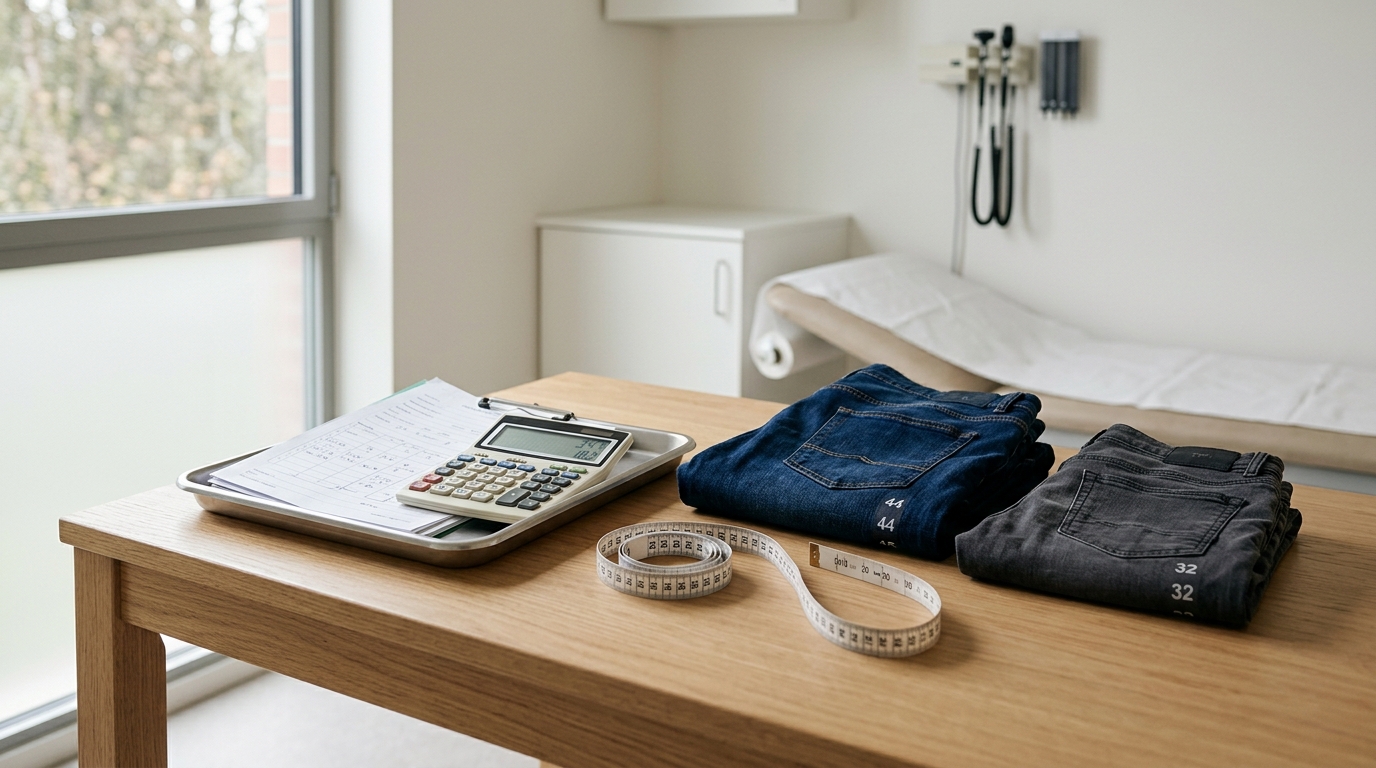 Table de clinique avec vêtements de tailles très différentes