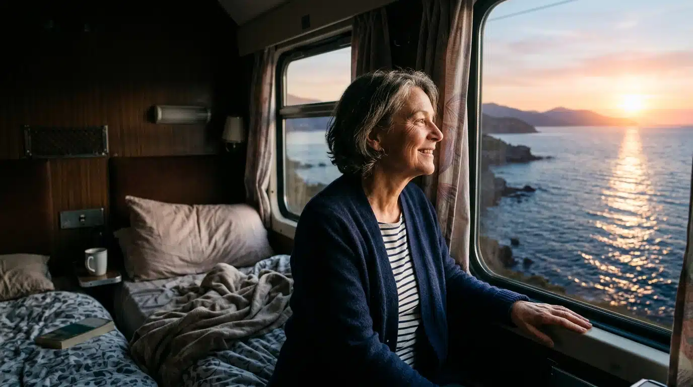 Femme senior regardant la mer depuis sa couchette de train