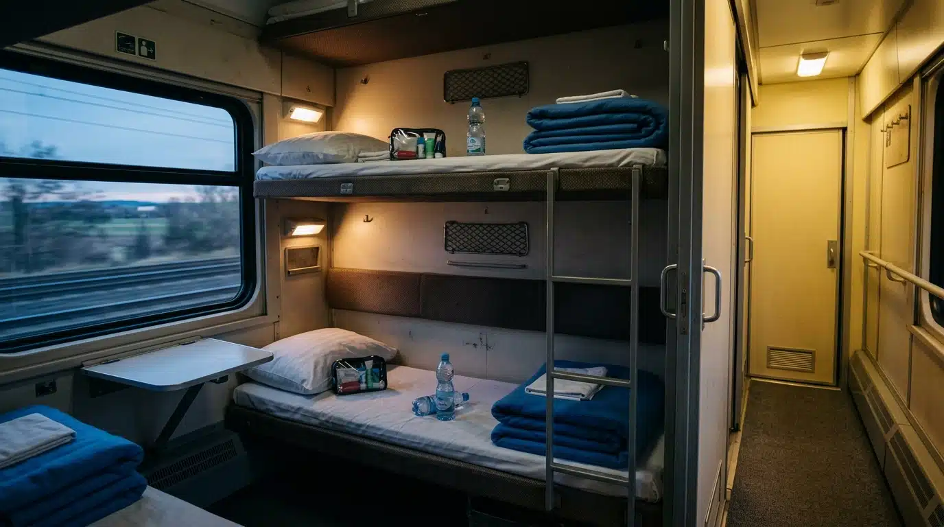 Compartiment couchette de train de nuit vide et préparé
