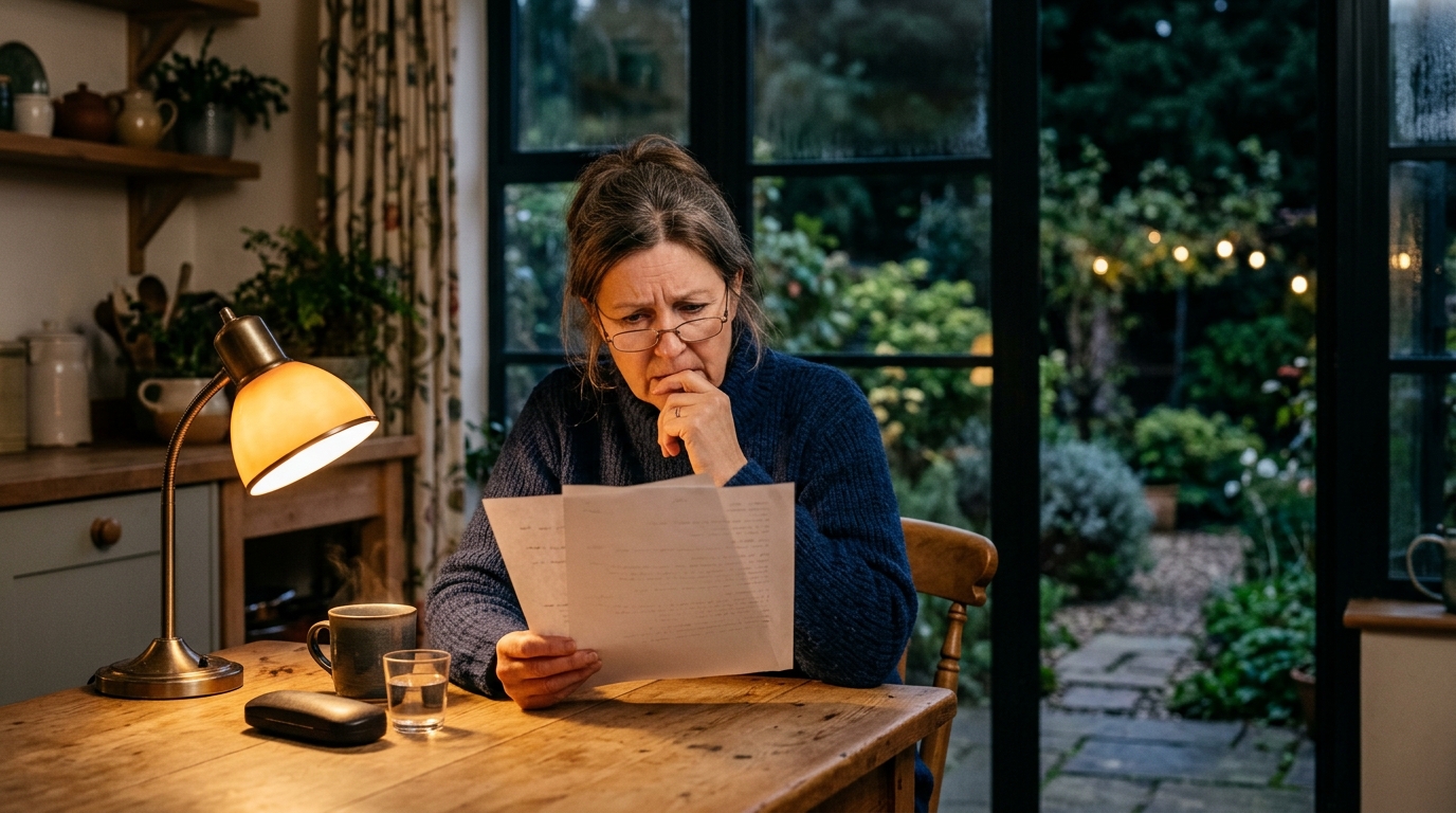 Femme inquiète lisant un document sur la responsabilité
