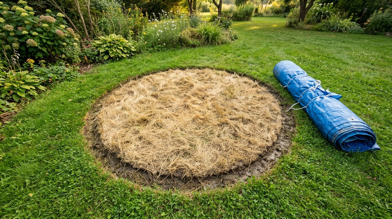 Rond d'herbe jaunie sous une piscine tubulaire démontée