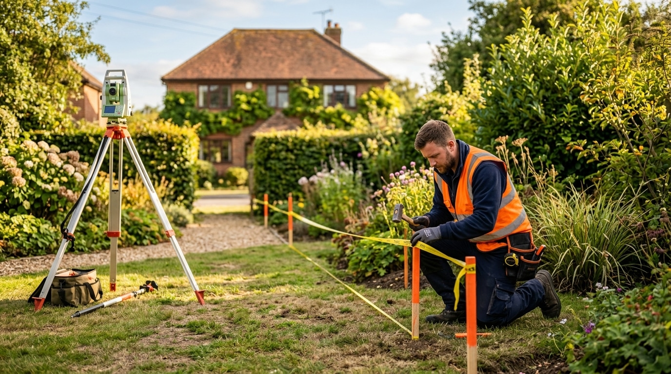 Géomètre-expert traçant la nouvelle limite de propriété au jardin