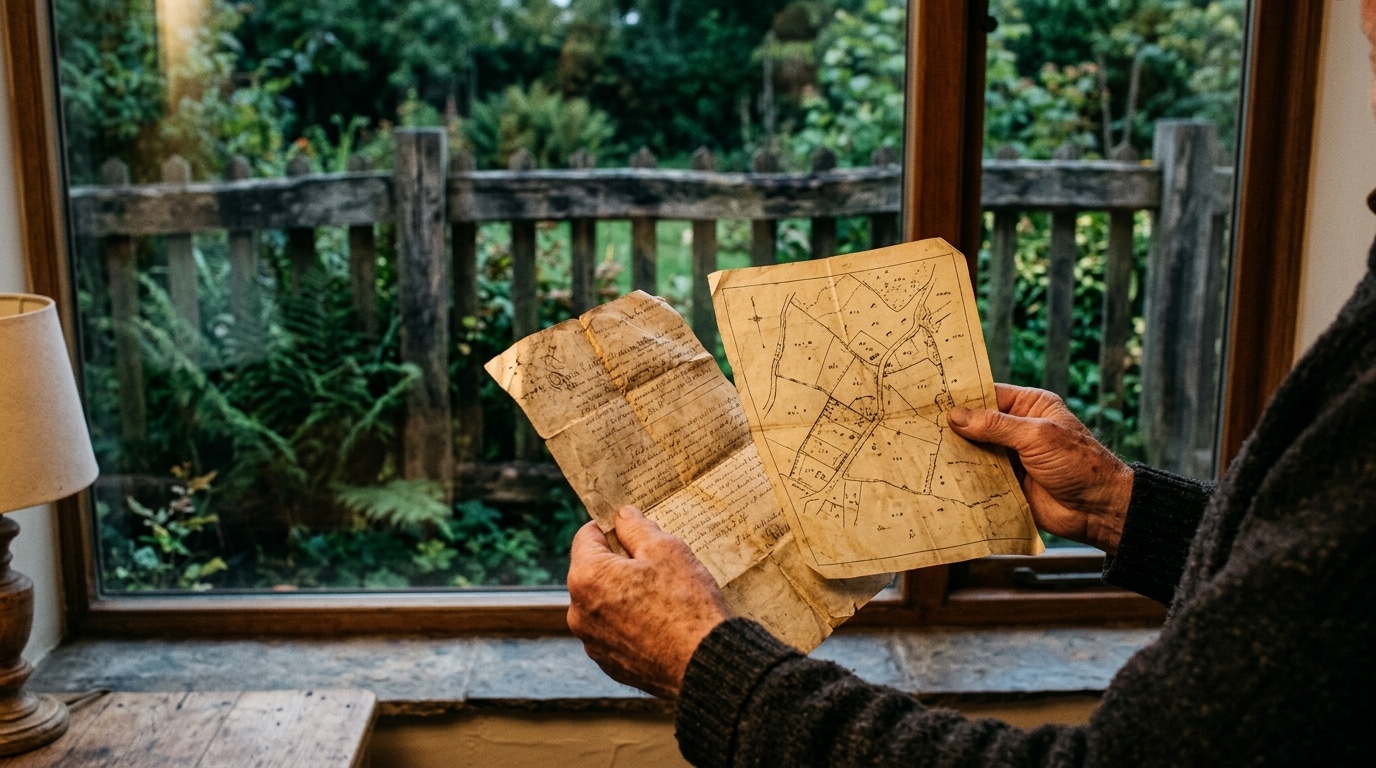 Acte de propriété et plan cadastral face à une clôture de jardin