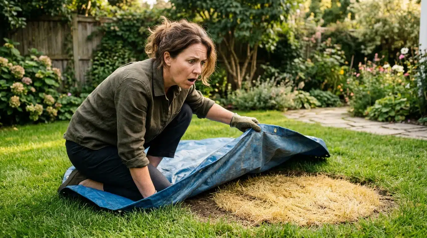 Femme découvrant un rond d'herbe jaunie sous une bâche