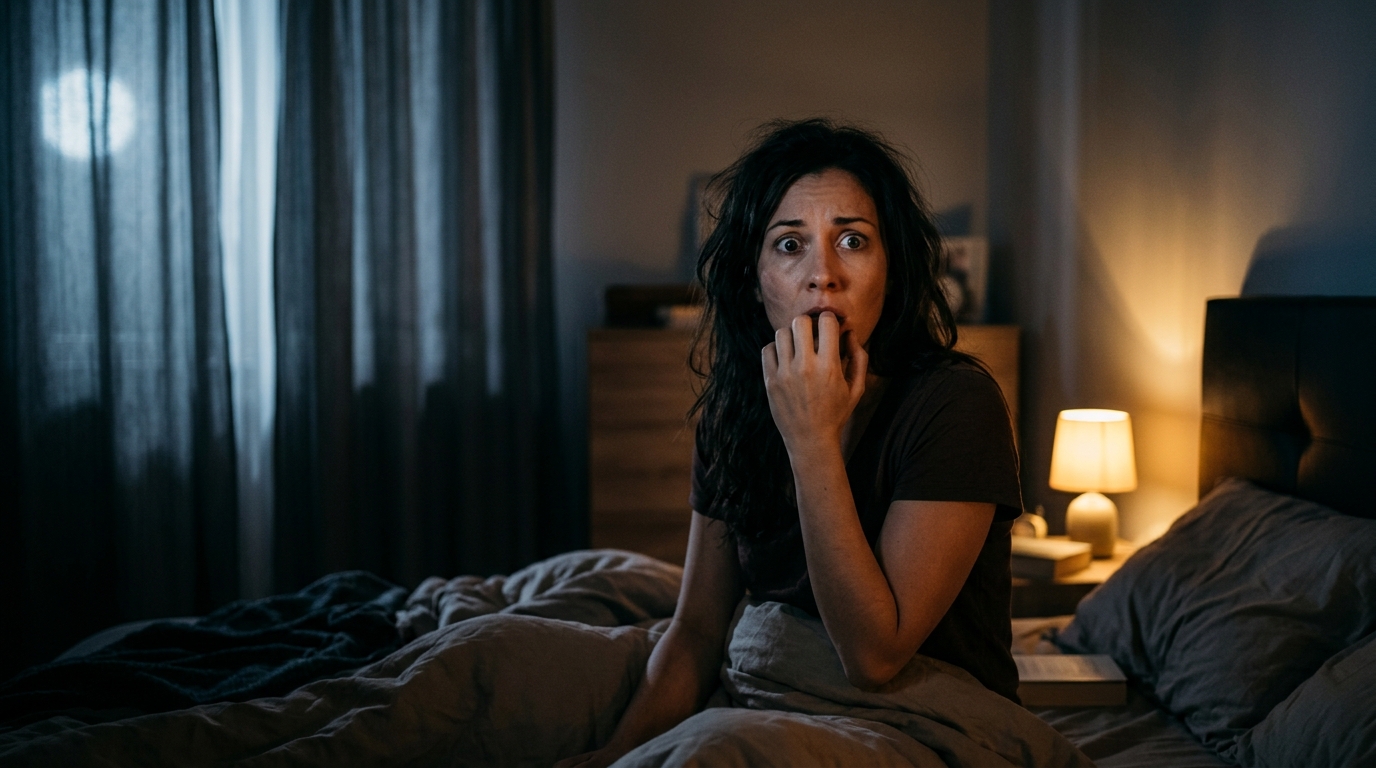 Femme réveillée en sursaut dans son lit la nuit