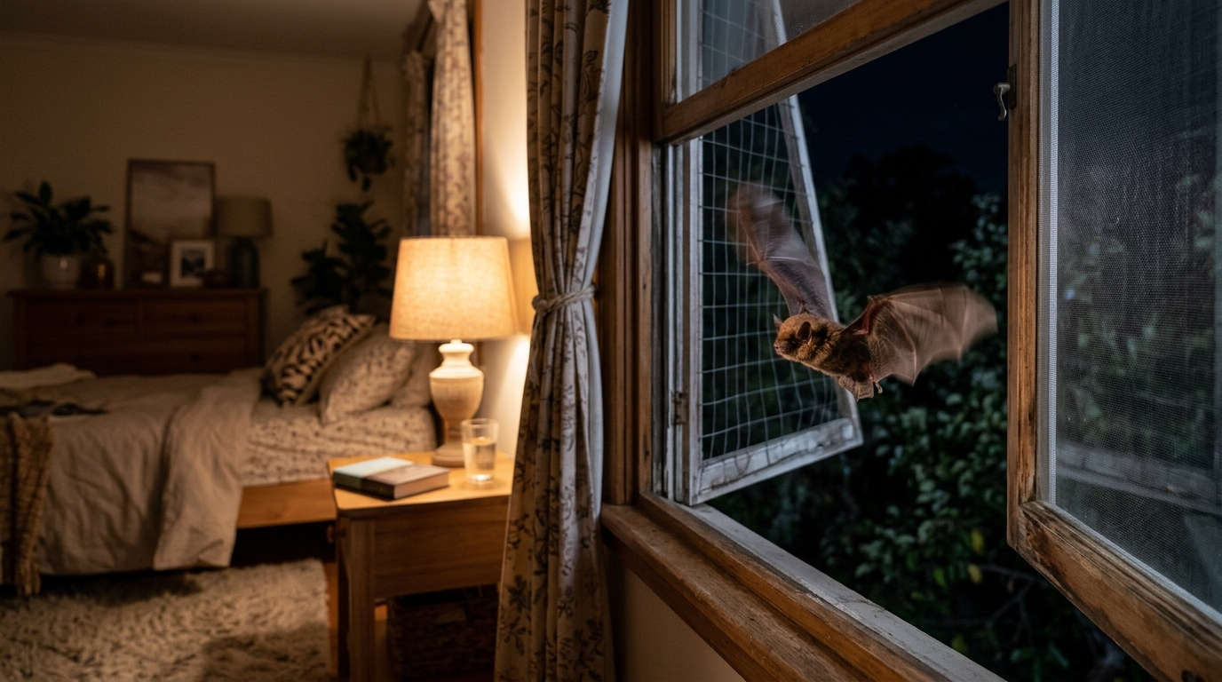 Chauve-souris volant près d'une fenêtre de chambre