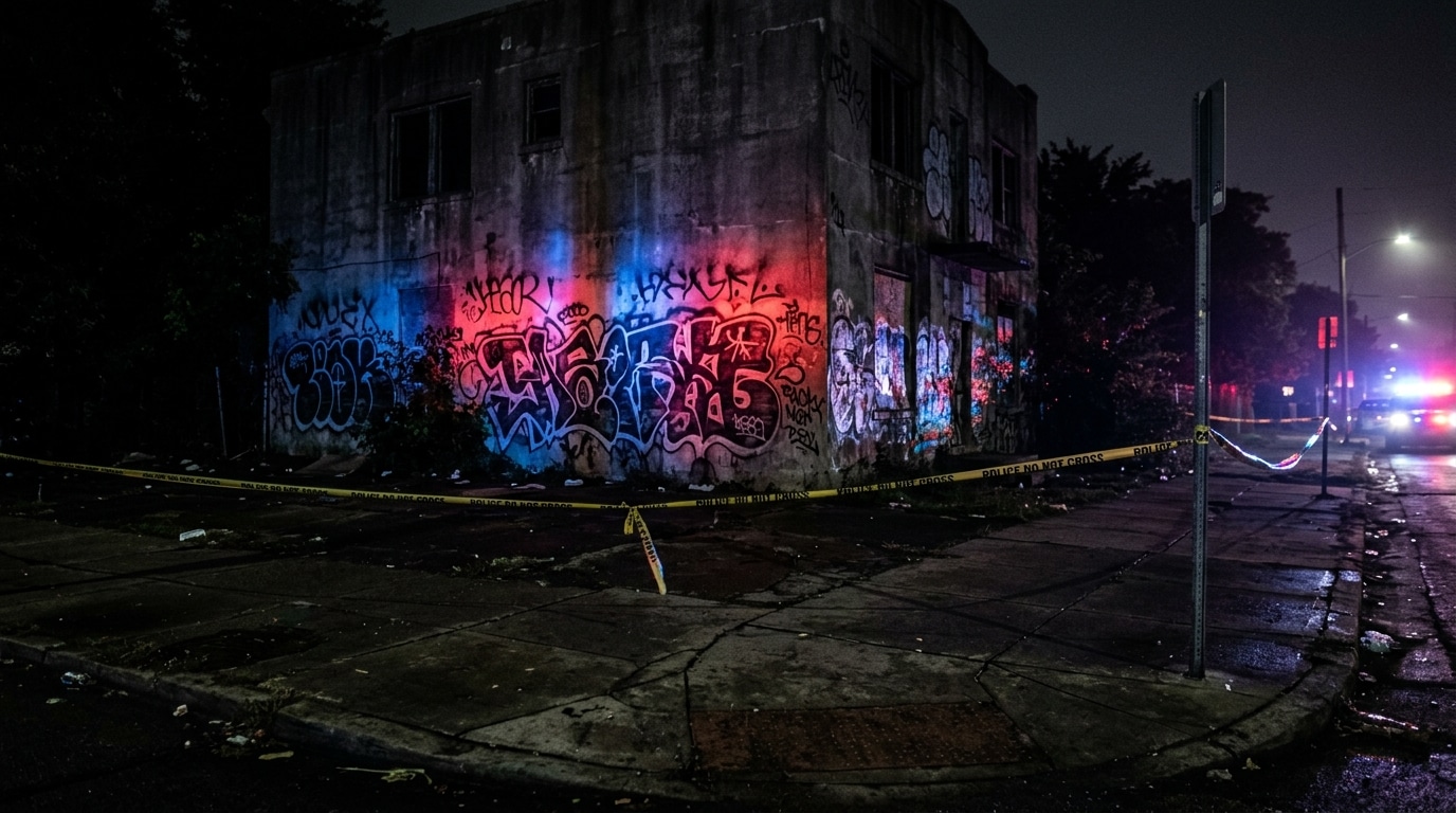 Façade taguée de nuit avec lumières de police