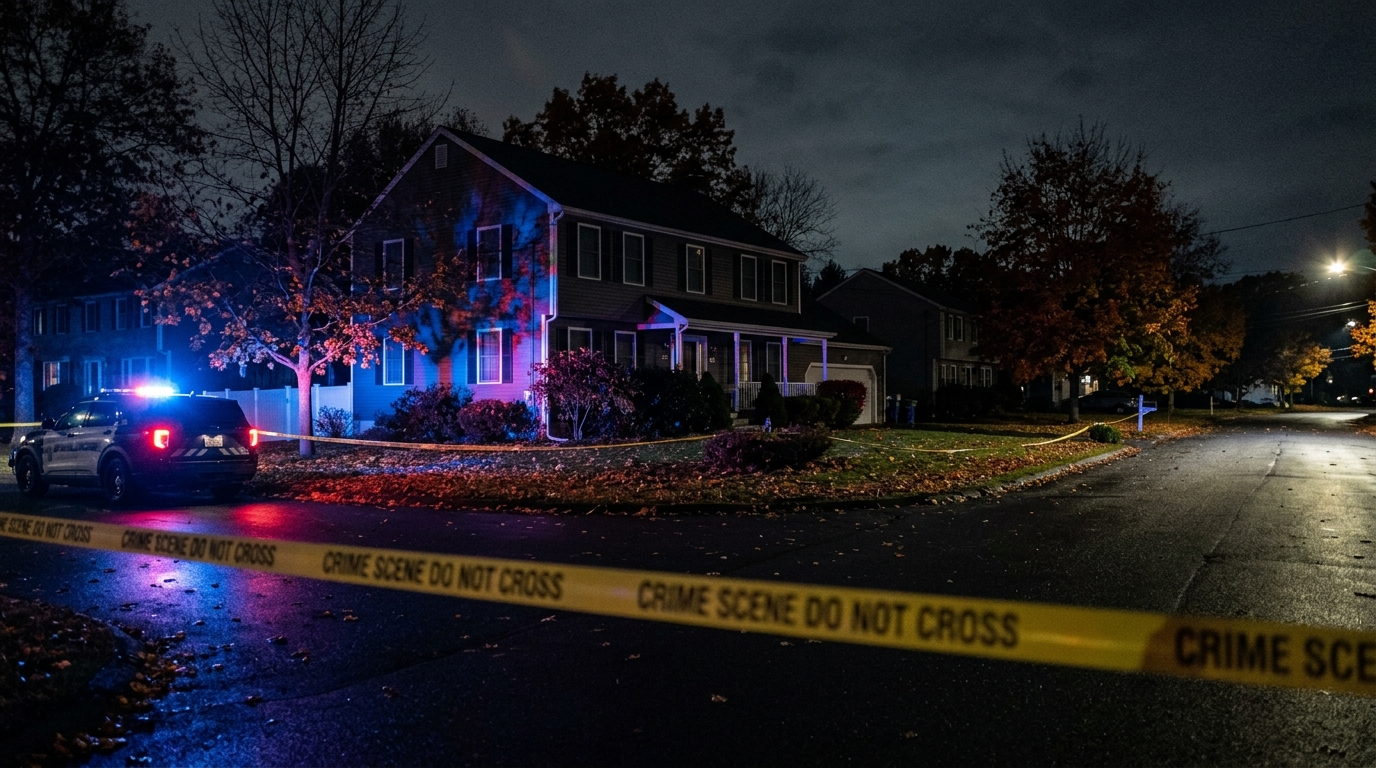 Maison de banlieue américaine éclairée par des gyrophares de police