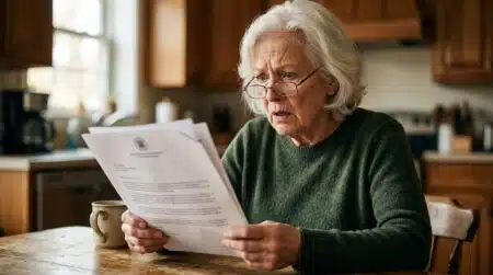 Femme âgée inquiète tenant un document administratif