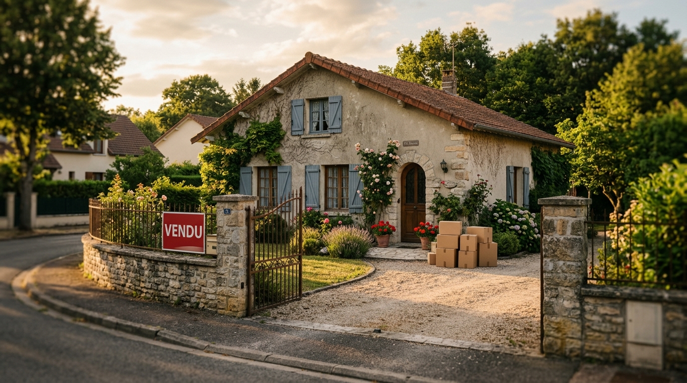 Maison avec pancarte vendue et cartons de déménagement
