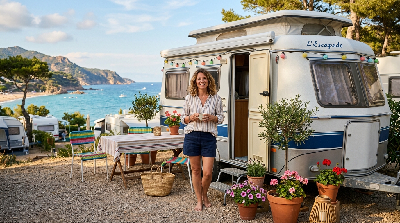 Femme souriante devant sa caravane sur la Costa Blanca