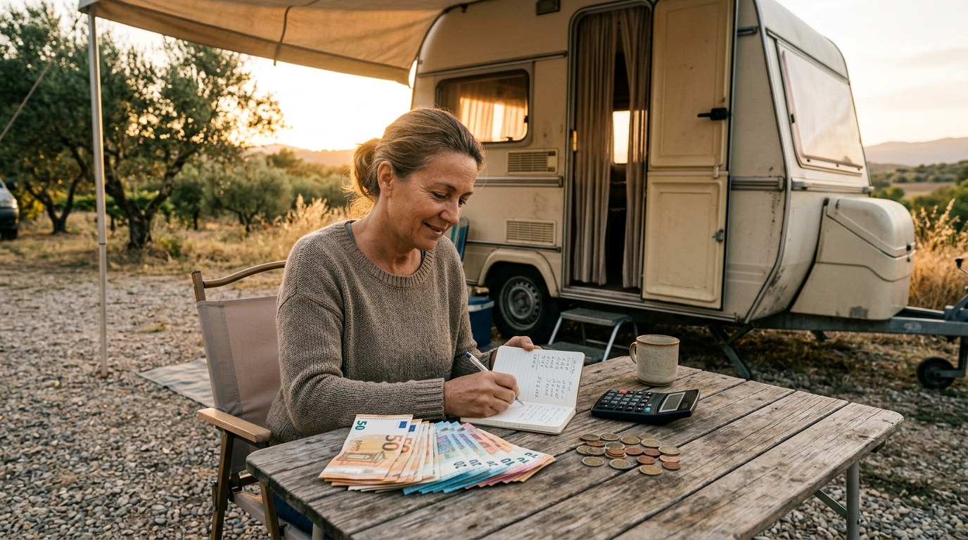 Femme calculant son budget mensuel devant sa caravane
