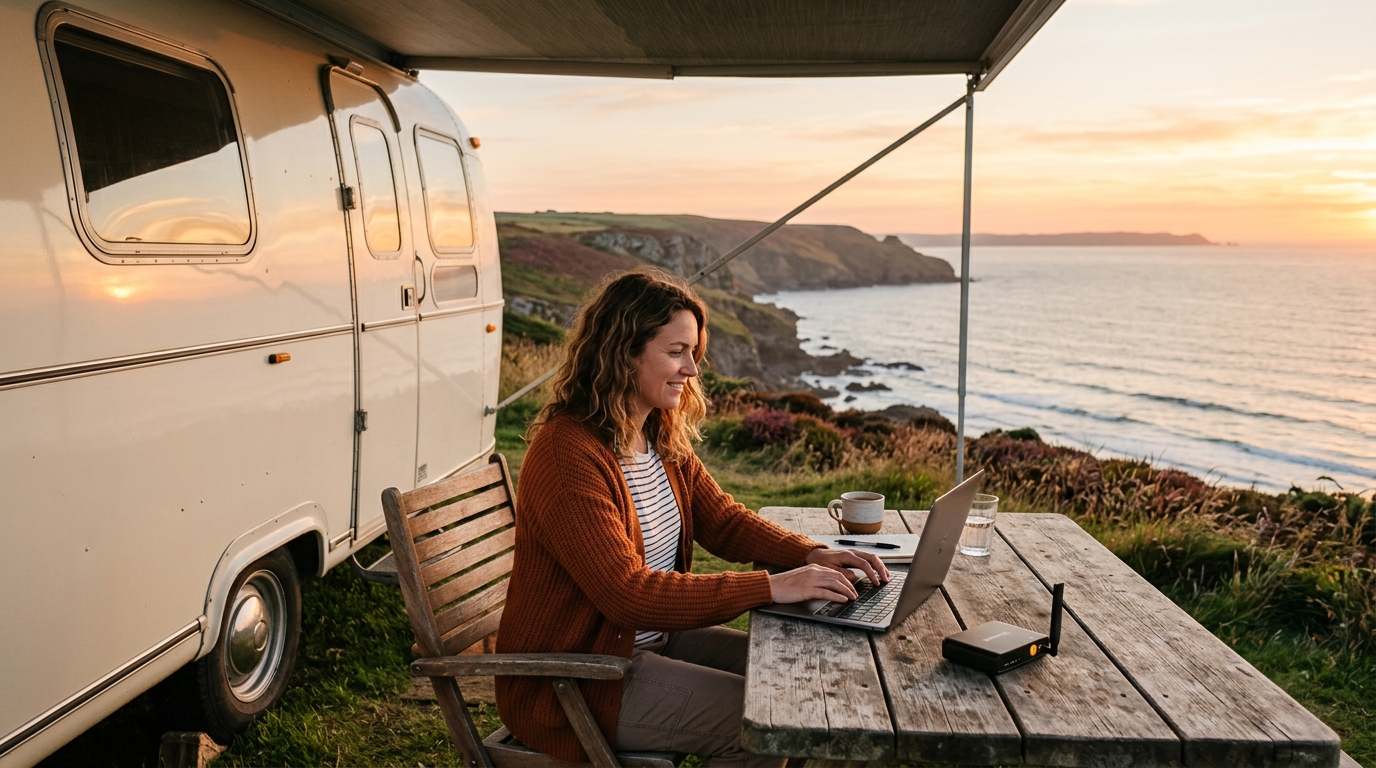 Télétravailleuse avec routeur 4G devant sa caravane au soleil