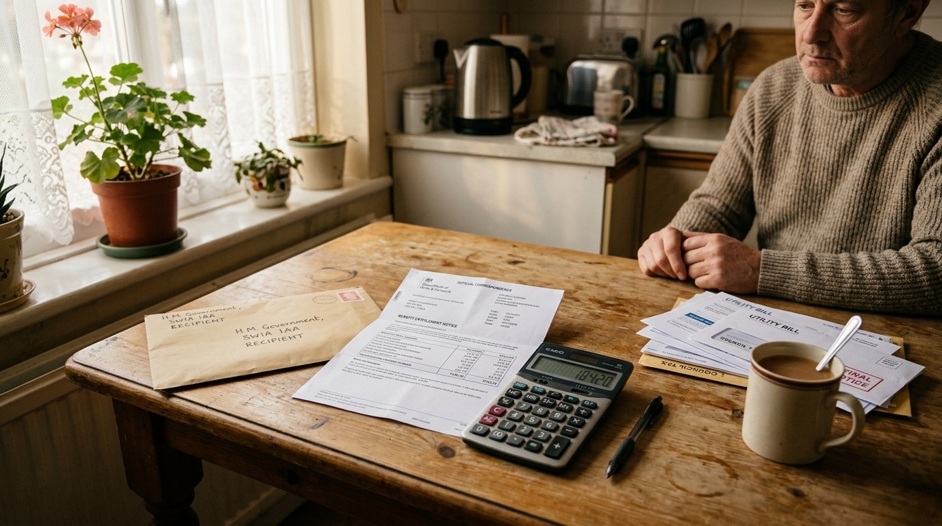 Lettre officielle et calculatrice sur une table de cuisine
