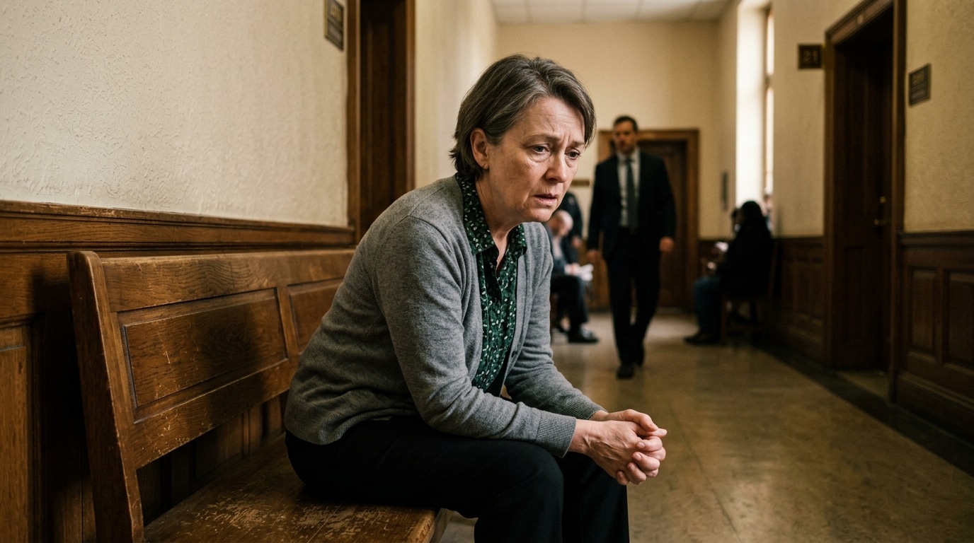 Femme effondrée dans un couloir de tribunal américain