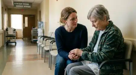 Deux femmes se tenant la main dans un couloir d'hôpital