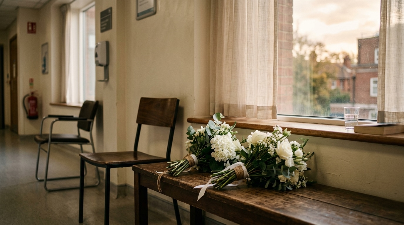 Bouquets de fleurs blanches posés près d'une fenêtre d'hôpital