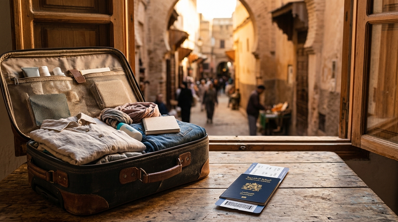 Valise et passeport posés avant un long voyage