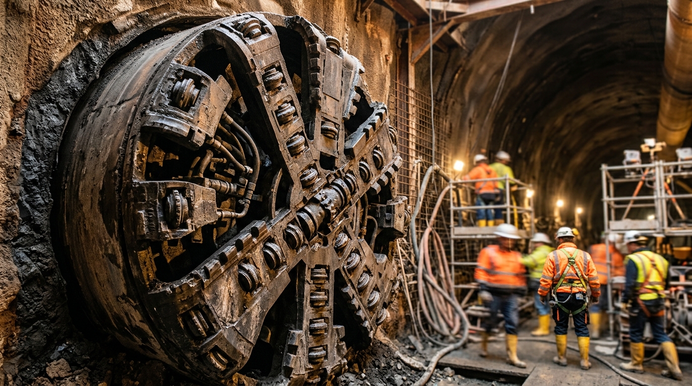 Foreuse industrielle sur un chantier de tunnel