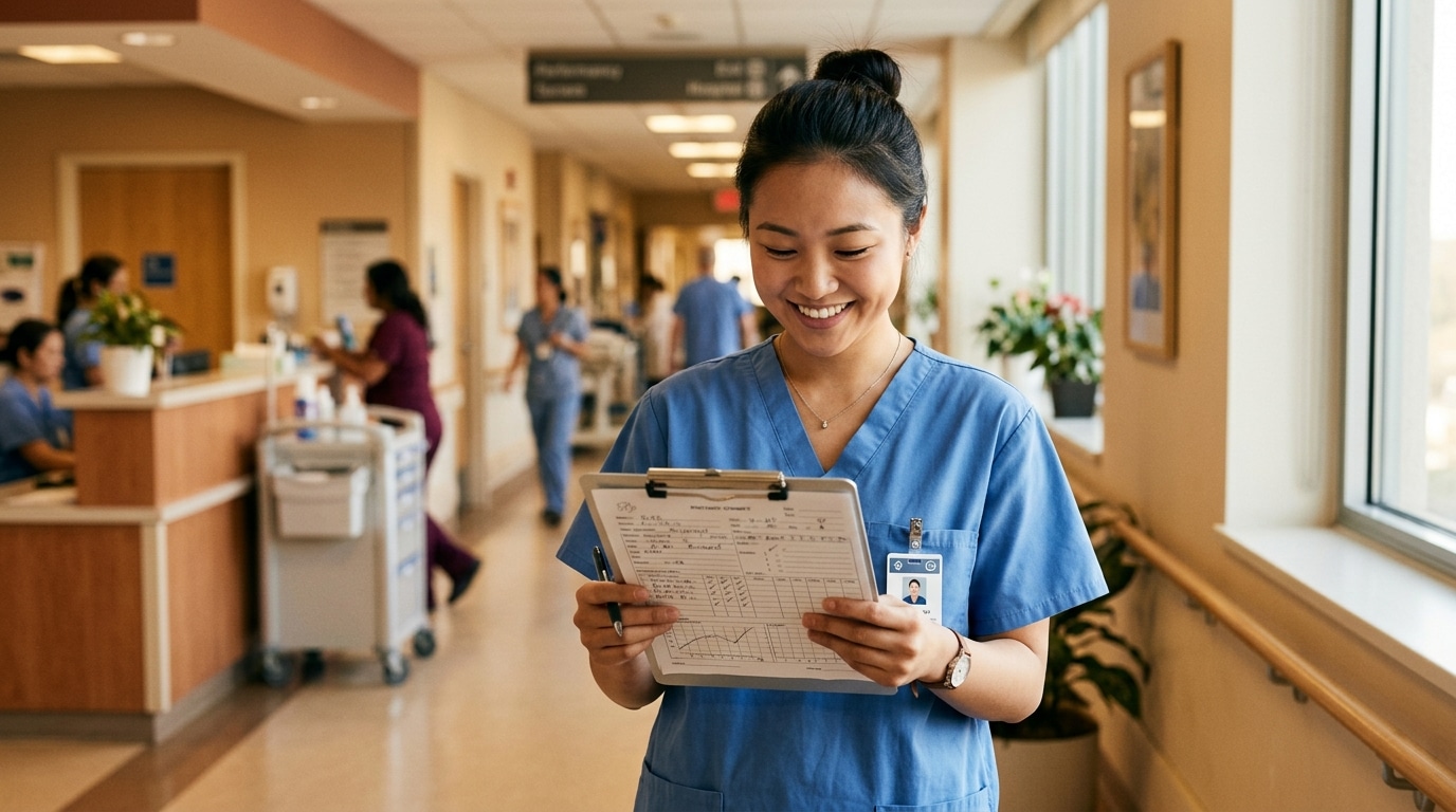 Infirmière souriante dans un couloir d'hôpital