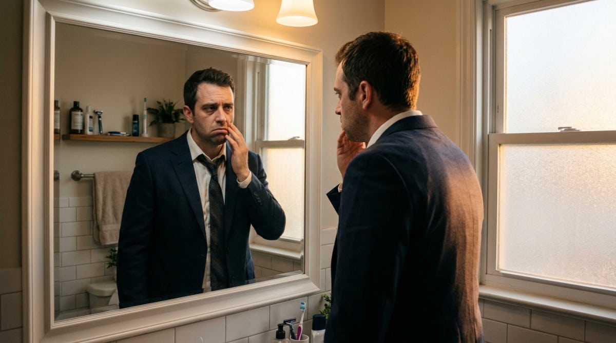 Employé en costume vérifiant sa tenue devant un miroir