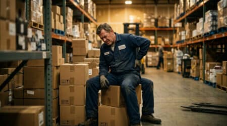 Employé épuisé assis sur des cartons en entrepôt