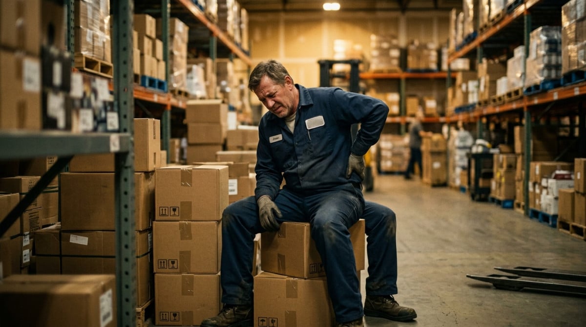 Employé épuisé assis sur des cartons en entrepôt