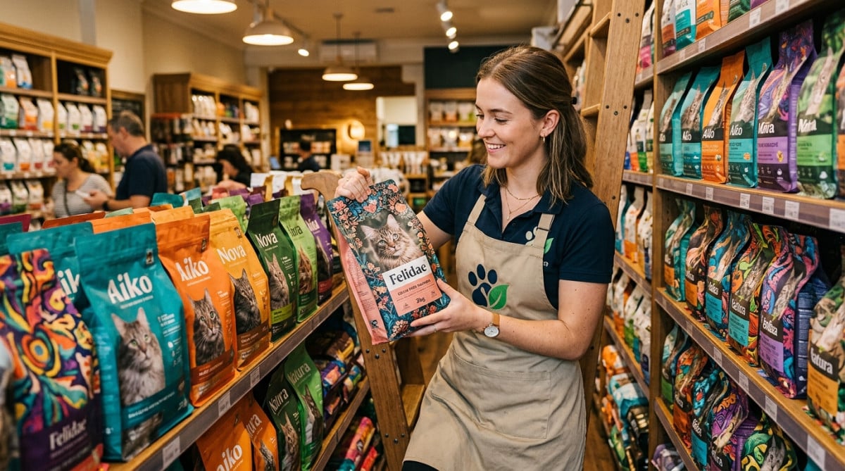 Employé rangeant des sacs de croquettes premium en animalerie