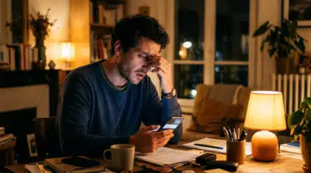 Employé stressé recevant un changement d'horaire par SMS