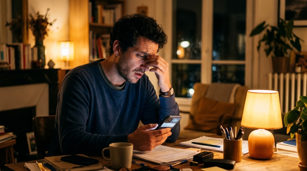 Employé stressé recevant un changement d'horaire par SMS