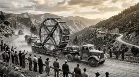 Convoi transportant un immense disque de verre en 1947