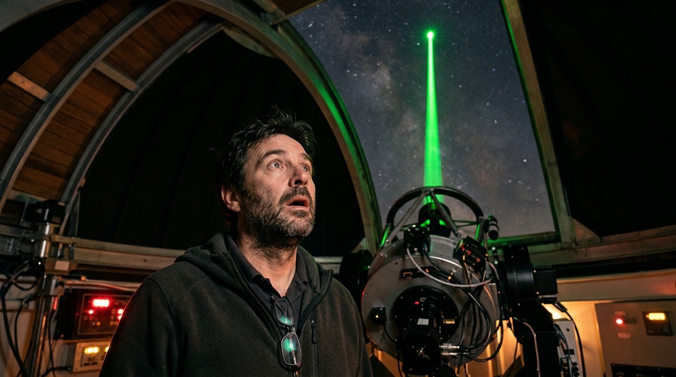 Astronome émerveillé devant un faisceau laser nocturne