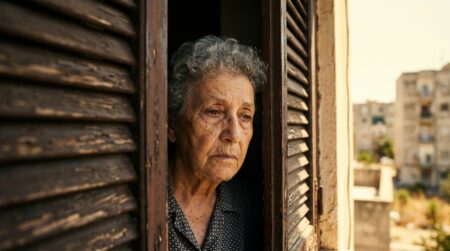Visage âgé isolé derrière un volet entrouvert