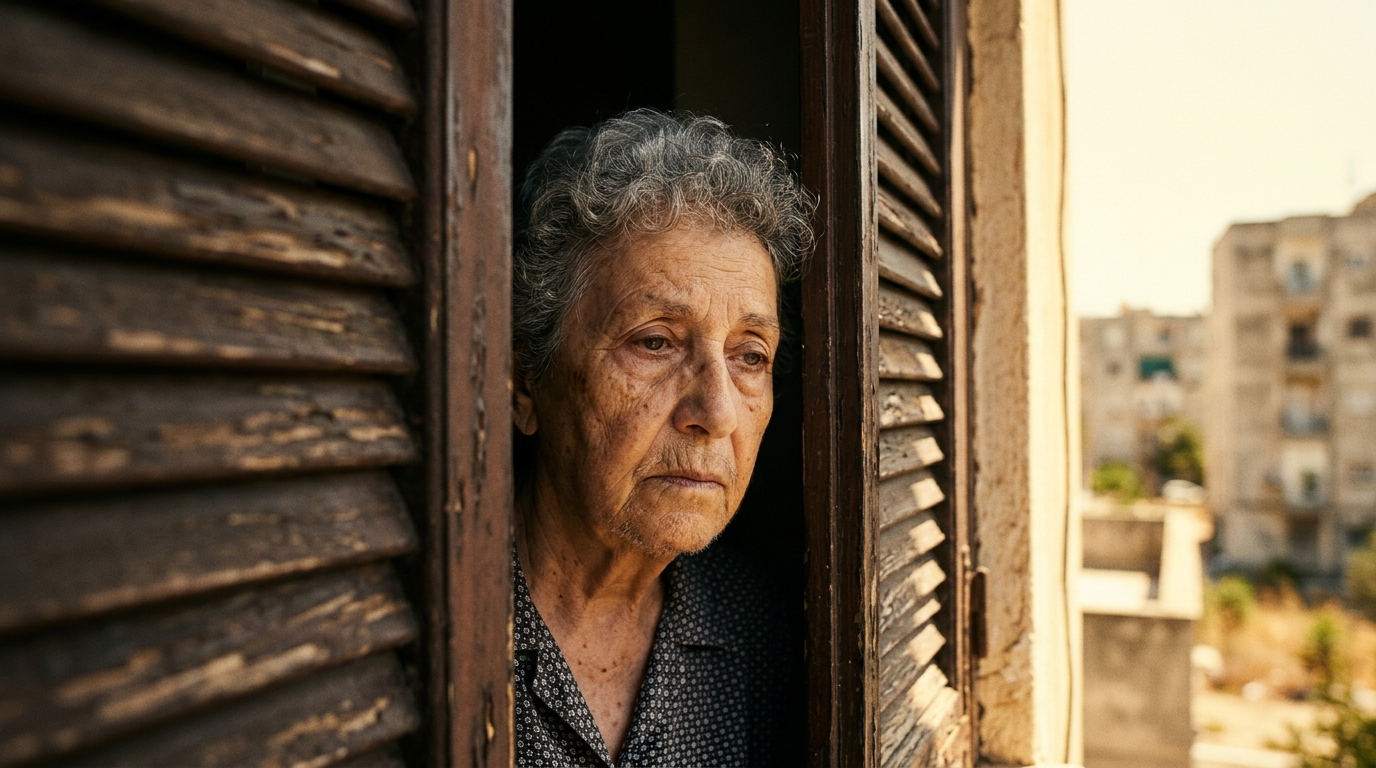 Visage âgé isolé derrière un volet entrouvert